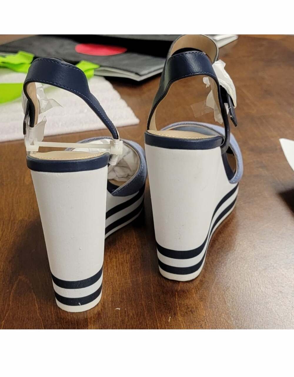 Aldo Broa Navy Blue Denim And White Stripe Platform Wedge Sandal - Picture 6 of 16